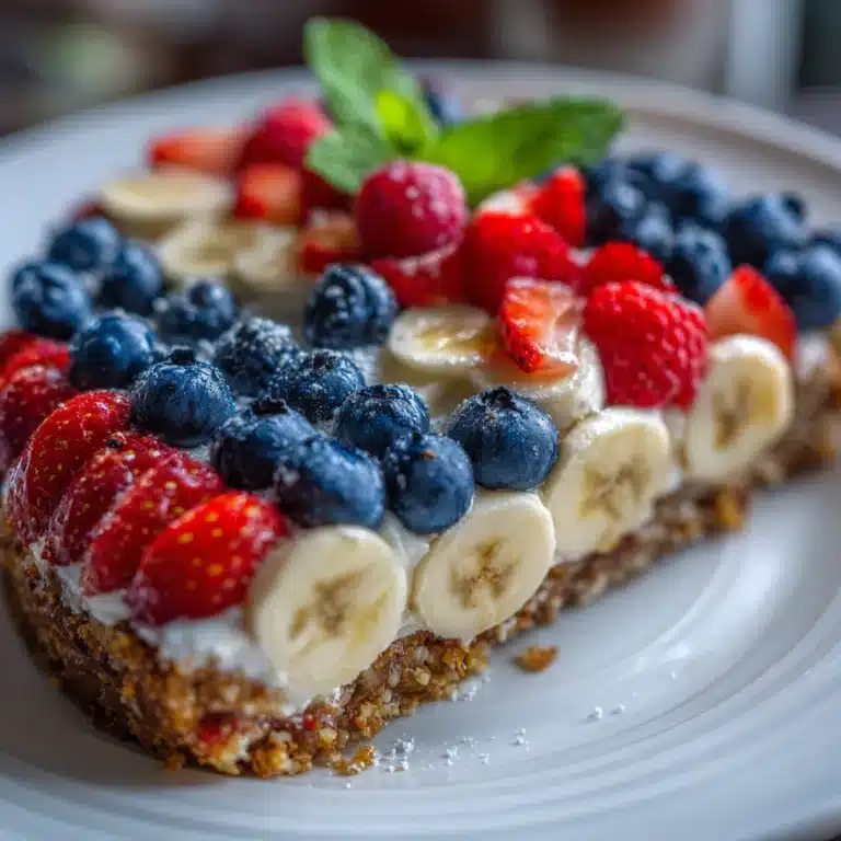 American flag fruit pizza topped with blueberries, strawberries, and cream cheese frosting
