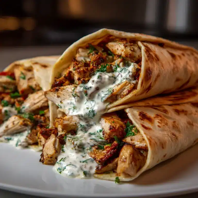 Chicken Shawarma wrap with creamy garlic sauce and pickled veggies