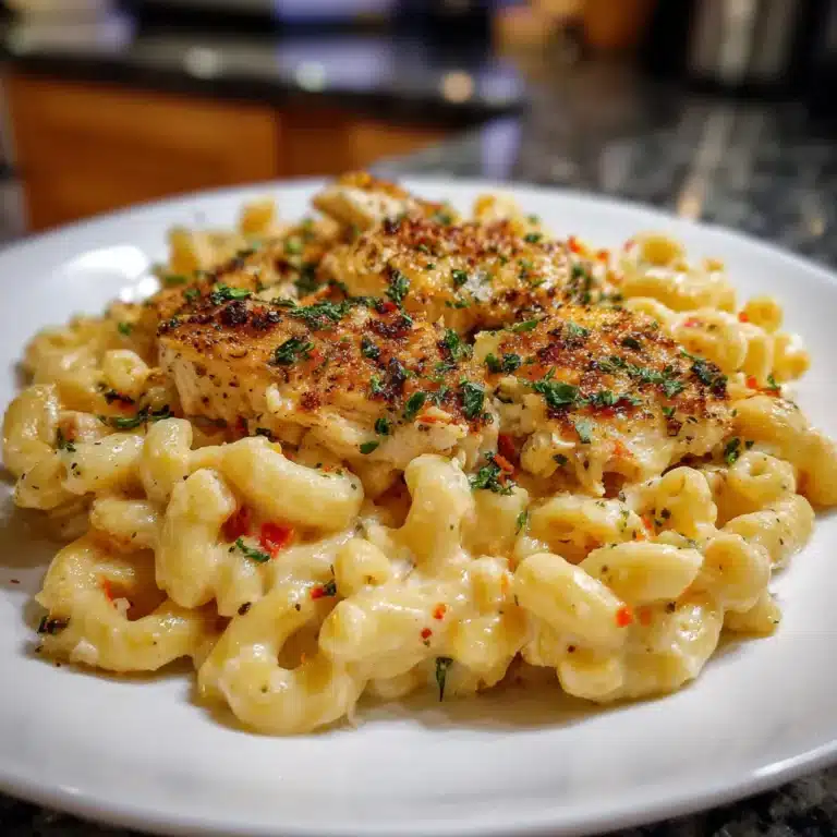 Bowl of creamy honey pepper chicken mac and cheese topped with parsley