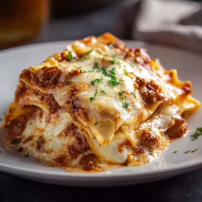 Crockpot ravioli lasagna with melted cheese layers and rich tomato sauce
