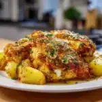 Irresistible Garlic Parmesan Chicken and Potatoes 13 Crispy garlic parmesan chicken with golden potatoes in a cast iron skillet