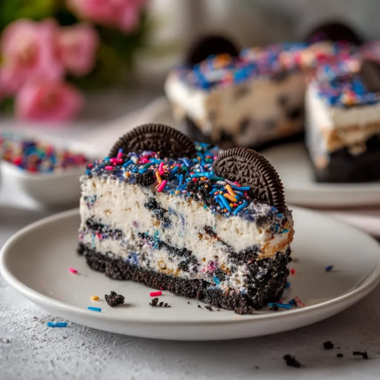 Slice of no-bake fireworks Oreo cheesecake with red, white, and blue sprinkles