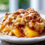 Paula Deen's Peach Cobbler :Easy, and Full of Southern Charm 10 Paula Deen's peach cobbler in a white dish with golden crust and peach filling