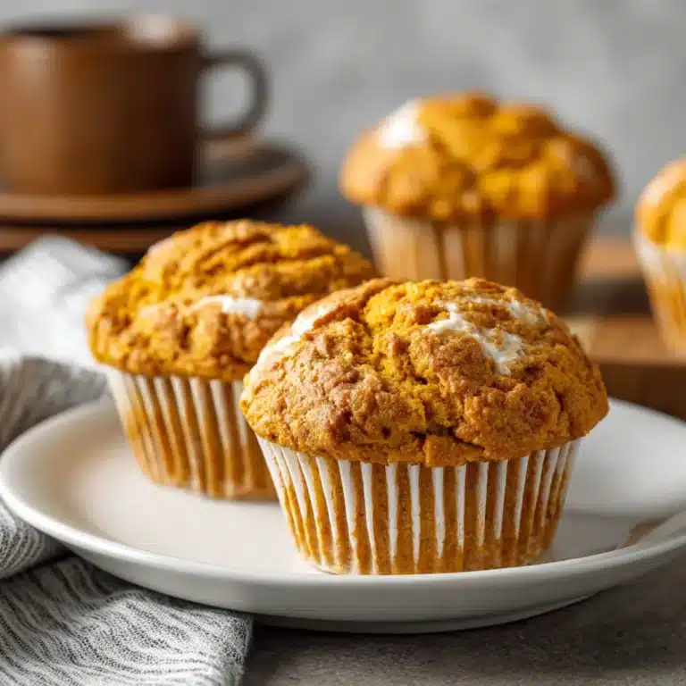 Pumpkin cream cheese muffins with swirled tops on a rustic tray
