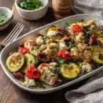 Delicious Sheet Pan Mediterranean Chicken Zucchini Recipe 10 Golden roasted Mediterranean chicken and zucchini on a vibrant sheet pan