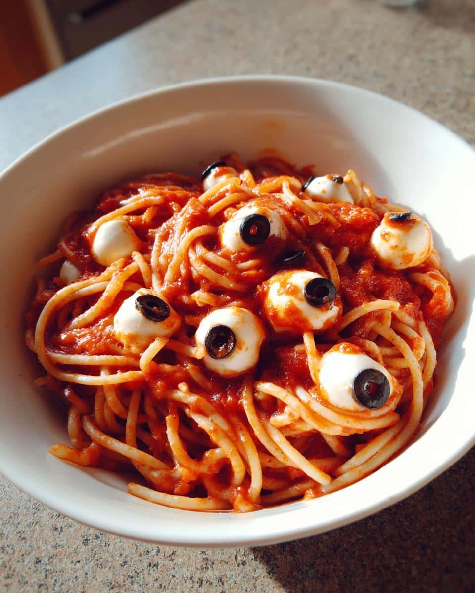 Spooky Bloody Spaghetti with 8 Eyeballs 5 Bloody Spaghetti with Mozzarella Eyeballs , Halloween Pasta dinner - detail 1
