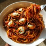 Spooky Bloody Spaghetti with 8 Eyeballs 8 Bloody Spaghetti with Mozzarella Eyeballs , Halloween Pasta dinner