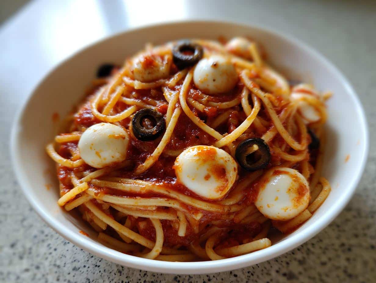 Spooky Bloody Spaghetti with 8 Eyeballs 6 Bloody Spaghetti with Mozzarella Eyeballs , Halloween Pasta dinner - detail 2