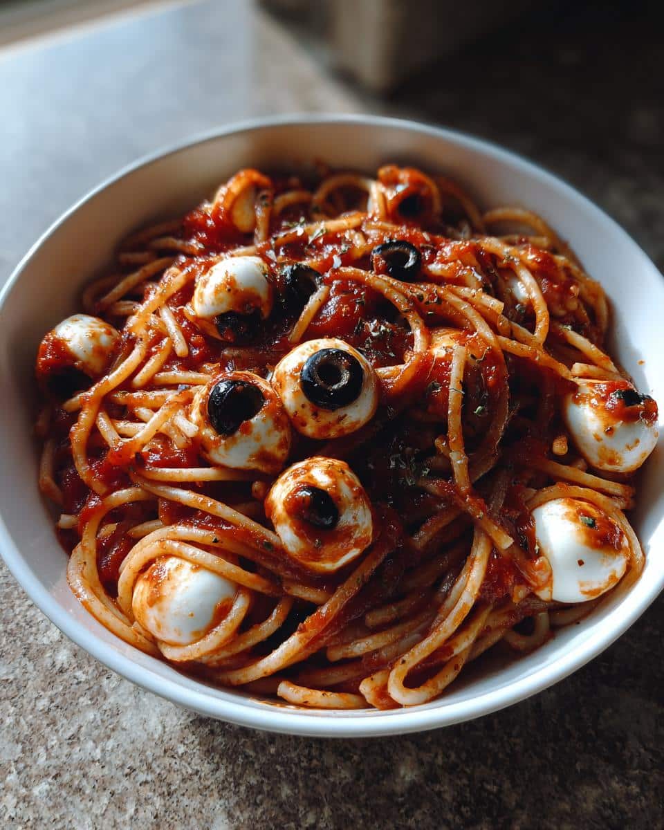 Spooky Bloody Spaghetti with 8 Eyeballs 7 Bloody Spaghetti with Mozzarella Eyeballs , Halloween Pasta dinner - detail 3