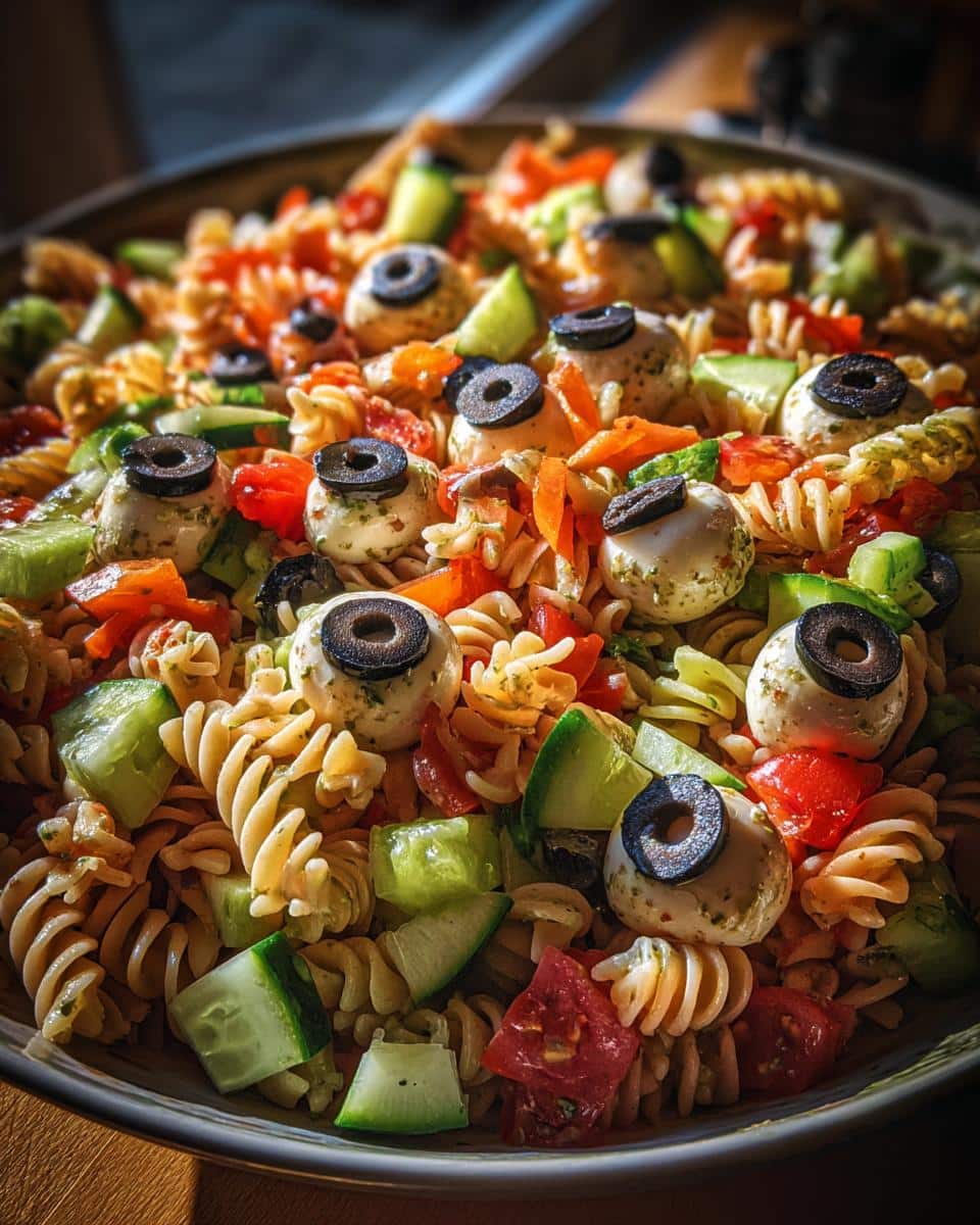Creepy pasta salad with mozzarella eyeballs for halloween party - detail 1