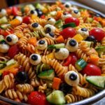 Creepy pasta salad with mozzarella eyeballs for halloween party