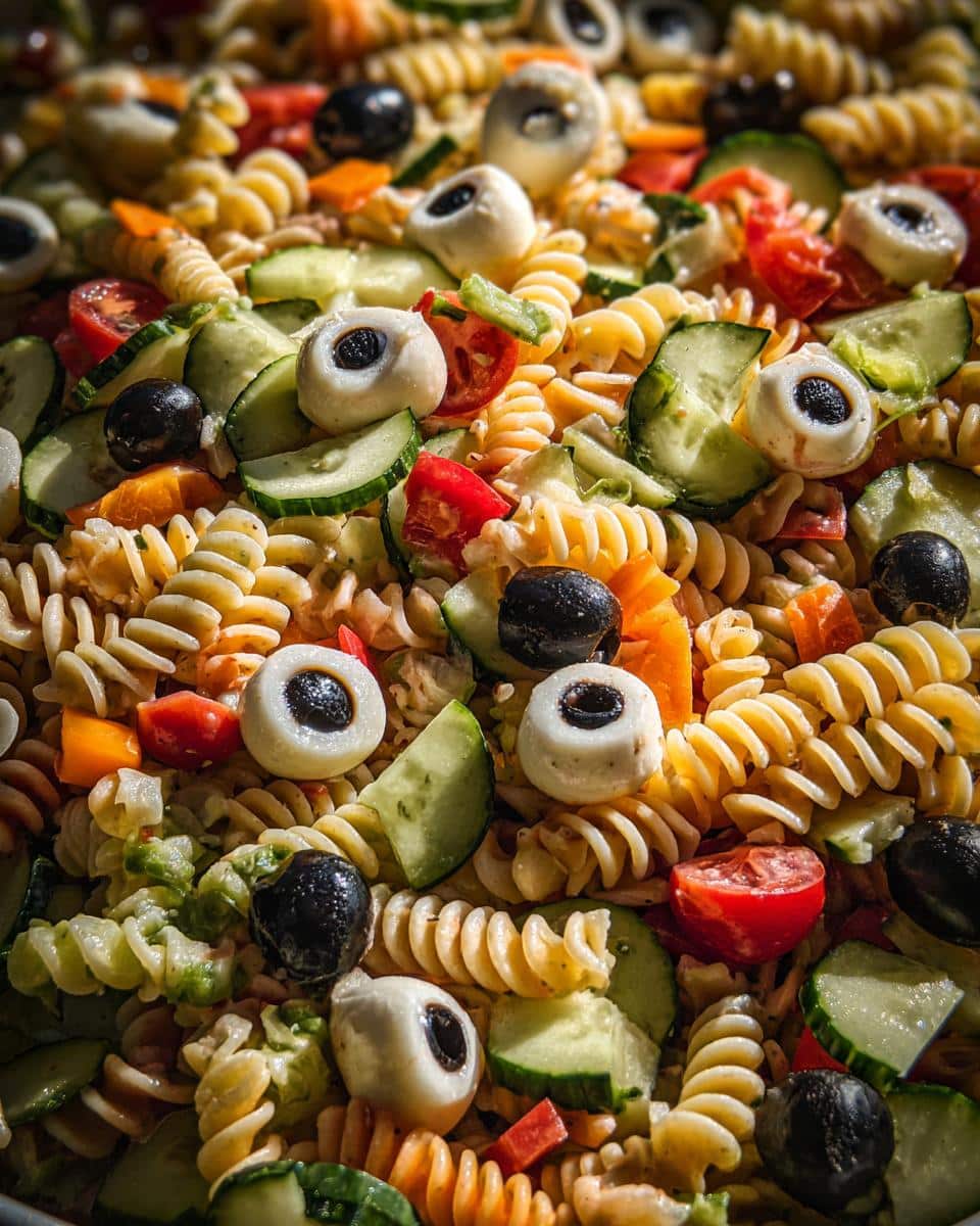 Creepy pasta salad with mozzarella eyeballs for halloween party - detail 2