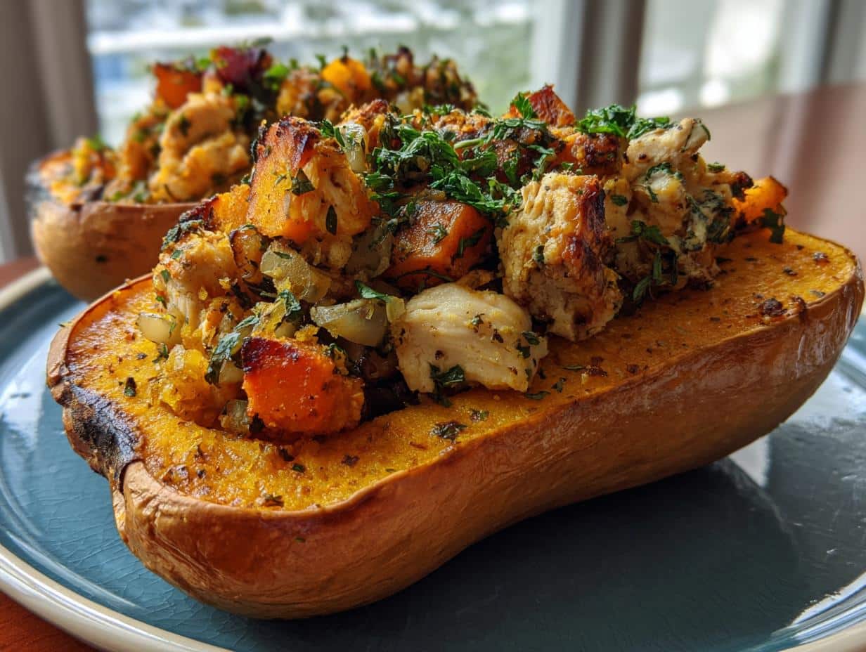 Sweet and Savory Honey Roasted Butternut Squash Stuffed with Chicken - detail 2