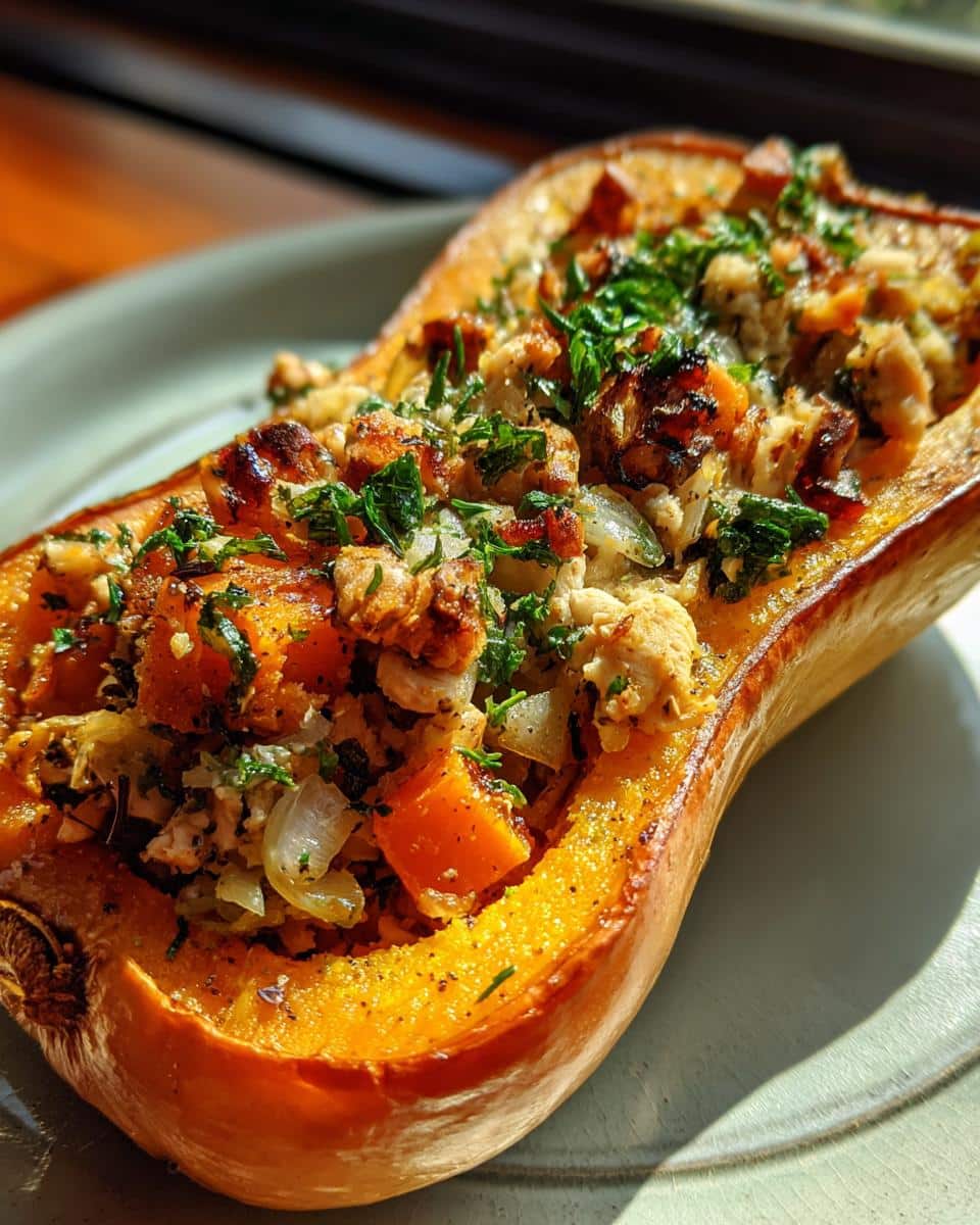 Sweet and Savory Honey Roasted Butternut Squash Stuffed with Chicken