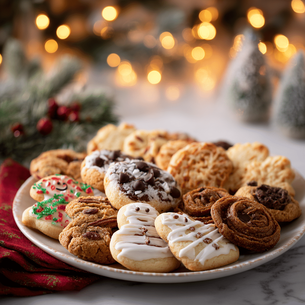 Assorted Christmas cookies with icing, chocolate, and spices on a festive platter