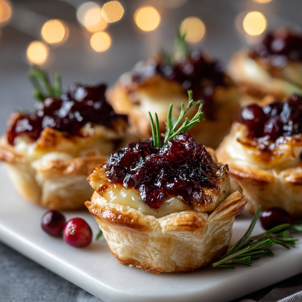 Mini pastry cups filled with brie and cranberries