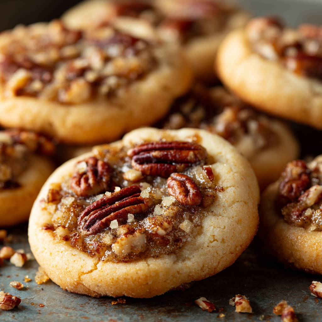 Soft pecan pie cookies with caramel pecan centers on a baking sheet.
