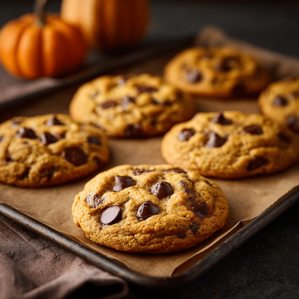Brown butter pumpkin chocolate chip cookies on a baking tray
