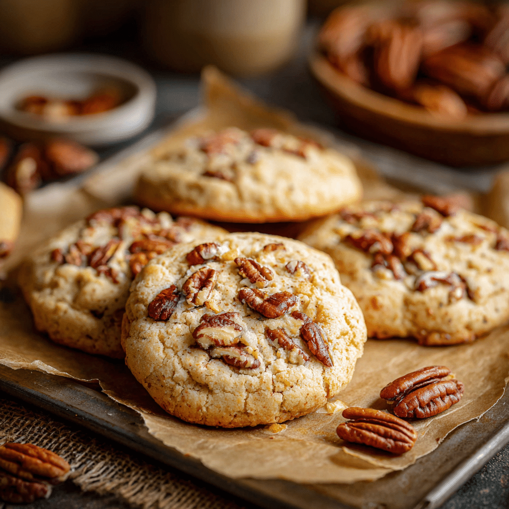 Butter pecan cookies with toasted pecans on a baking sheet