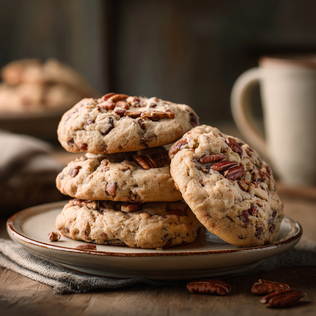 Butter pecan cookies stacked on a plate with toasted pecan pieces.