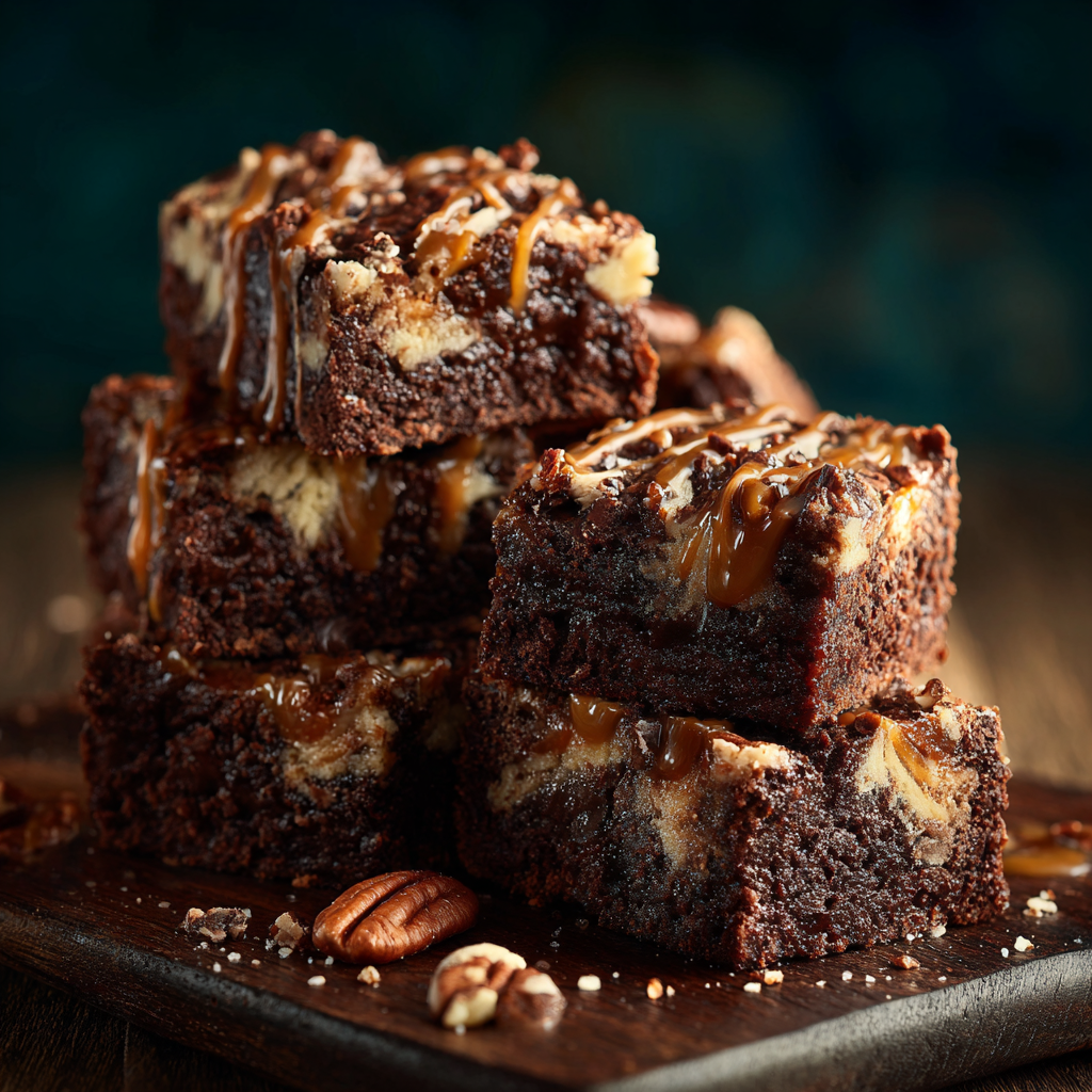 Chocolate brownies swirled with caramel and topped with pecans.