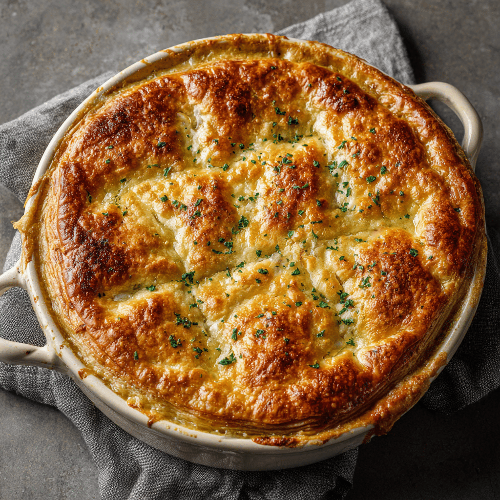 Homemade chicken pot pie casserole — classic winter comfort food.