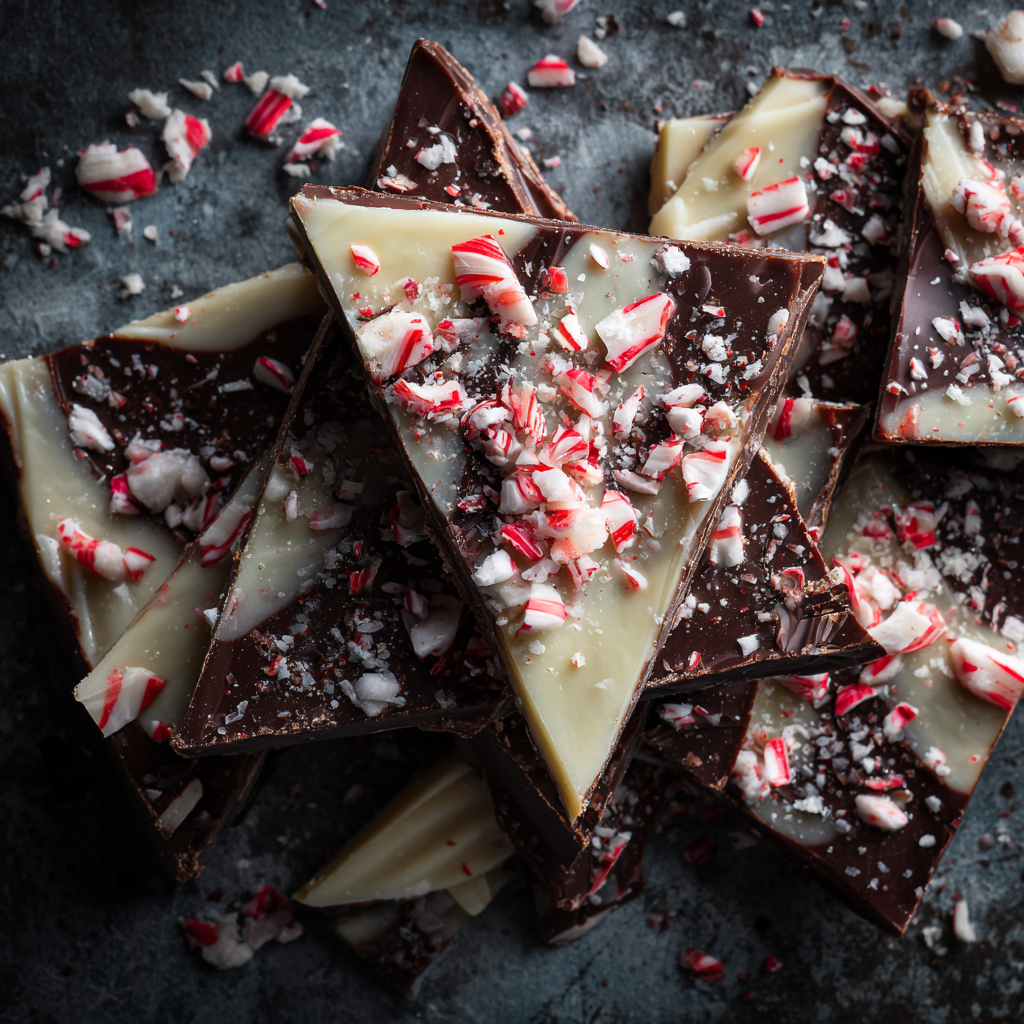 Chocolate peppermint bark with crushed candy pieces