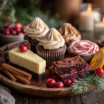Holiday flat-lay featuring peppermint, eggnog, and cranberry desserts showcasing classic christmas flavors.