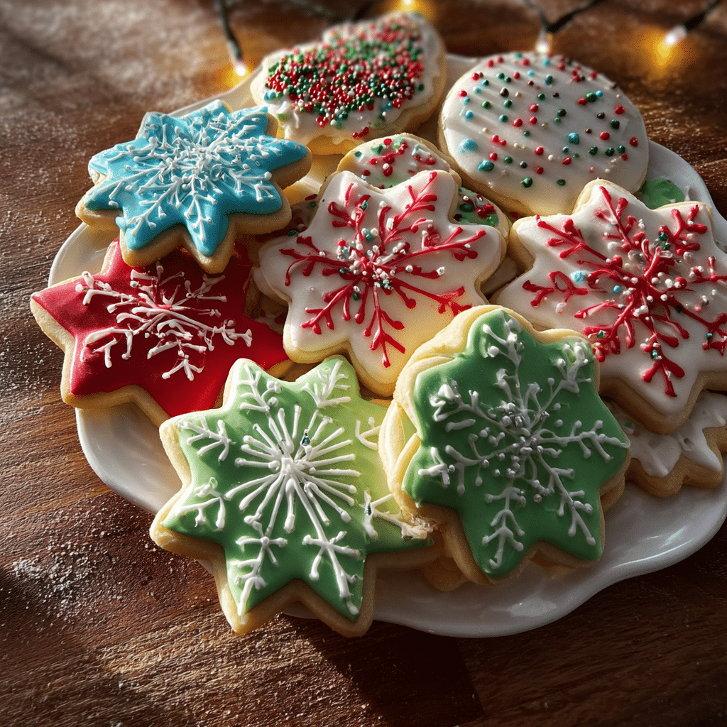 Christmas sugar cookies with icing on wooden table