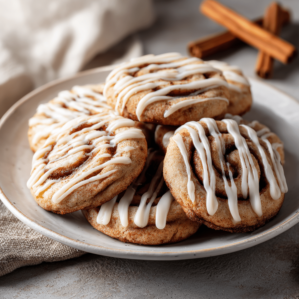 Cinnamon roll cookies drizzled with vanilla icing on a white plate