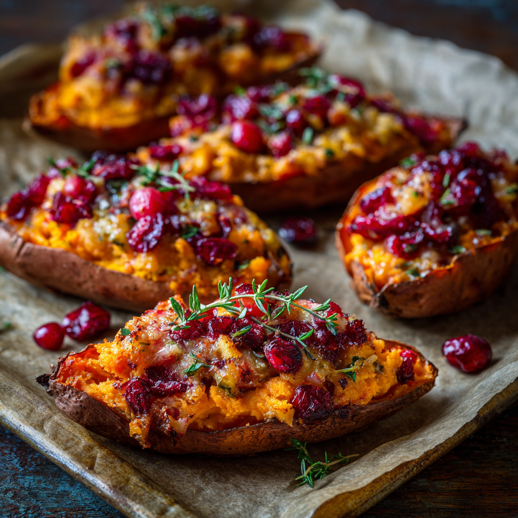 Twice-baked sweet potatoes with cranberry apple filling