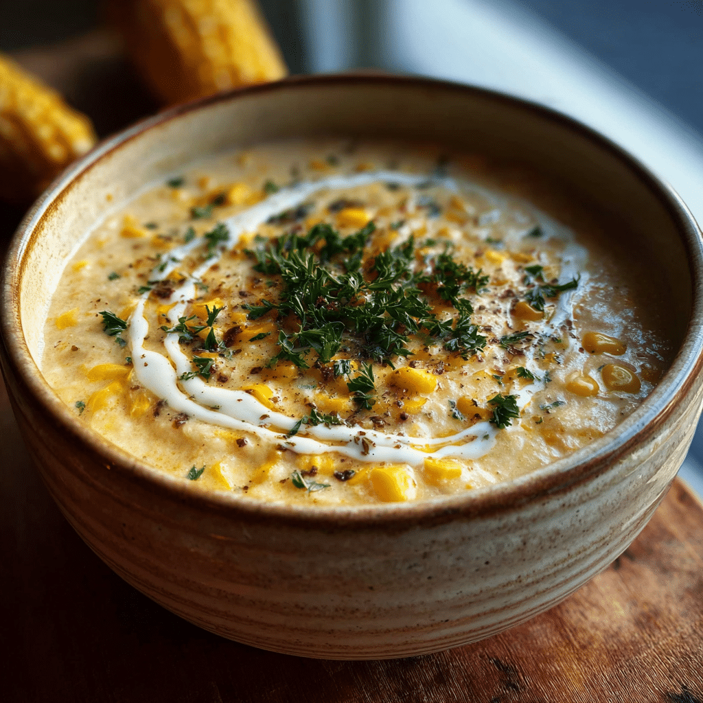 Creamy corn chowder soup — sweet and savory winter comfort food.
