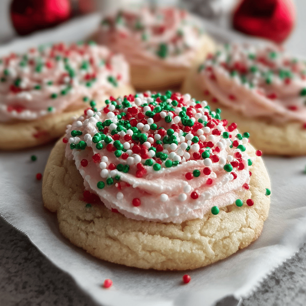 Crumbl Christmas sugar cookies with pink frosting and sprinkles