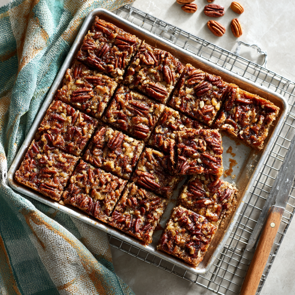 Large sheet pan of pecan pie bars with a caramelized pecan top layer.