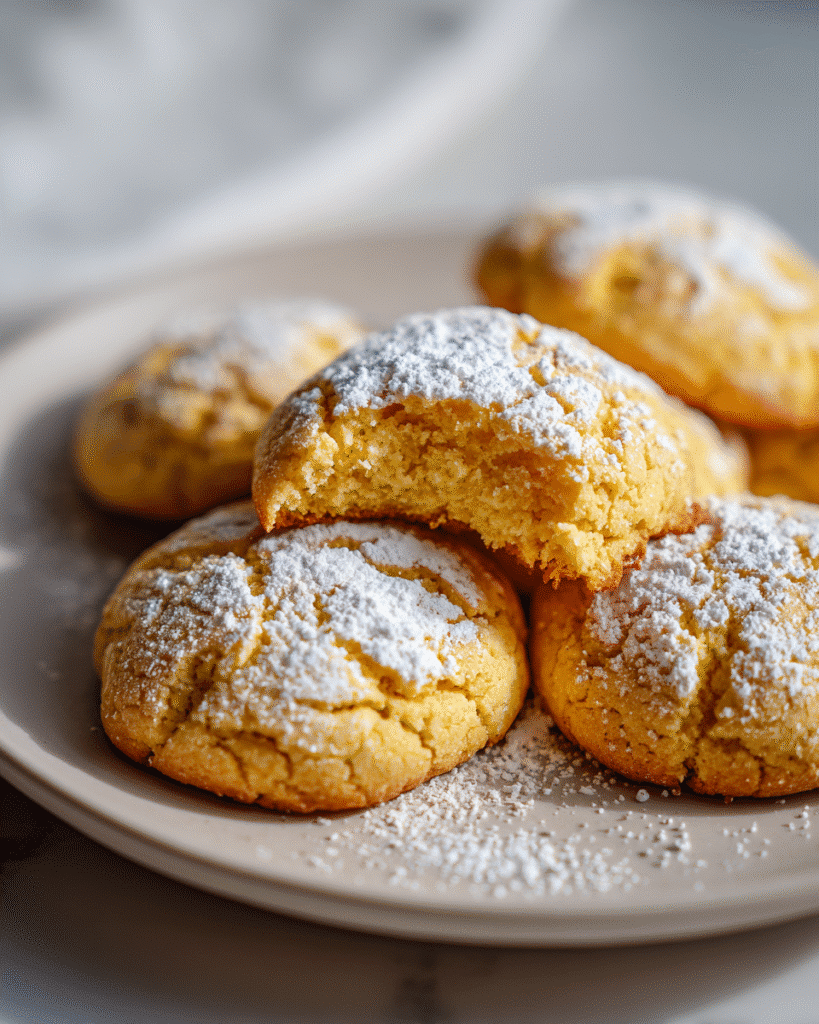 Eggnog cookies dusted with powdered sugar on a plate