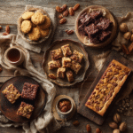 A fall dessert spread showcasing assorted pecan desserts arranged on a rustic wooden table.