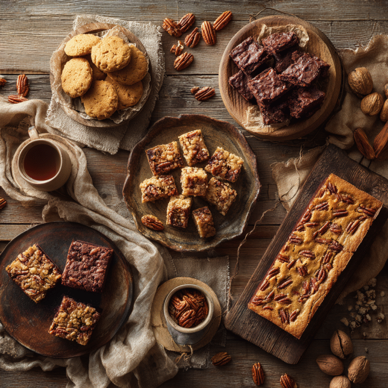 A fall dessert spread showcasing assorted pecan desserts arranged on a rustic wooden table.
