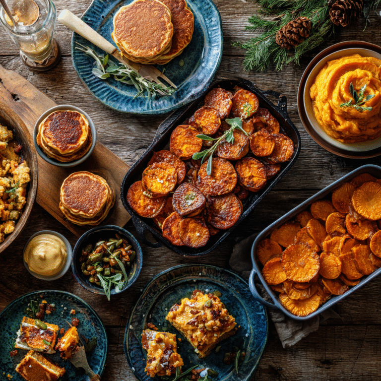 Assortment of sweet potato recipes displayed on a rustic table