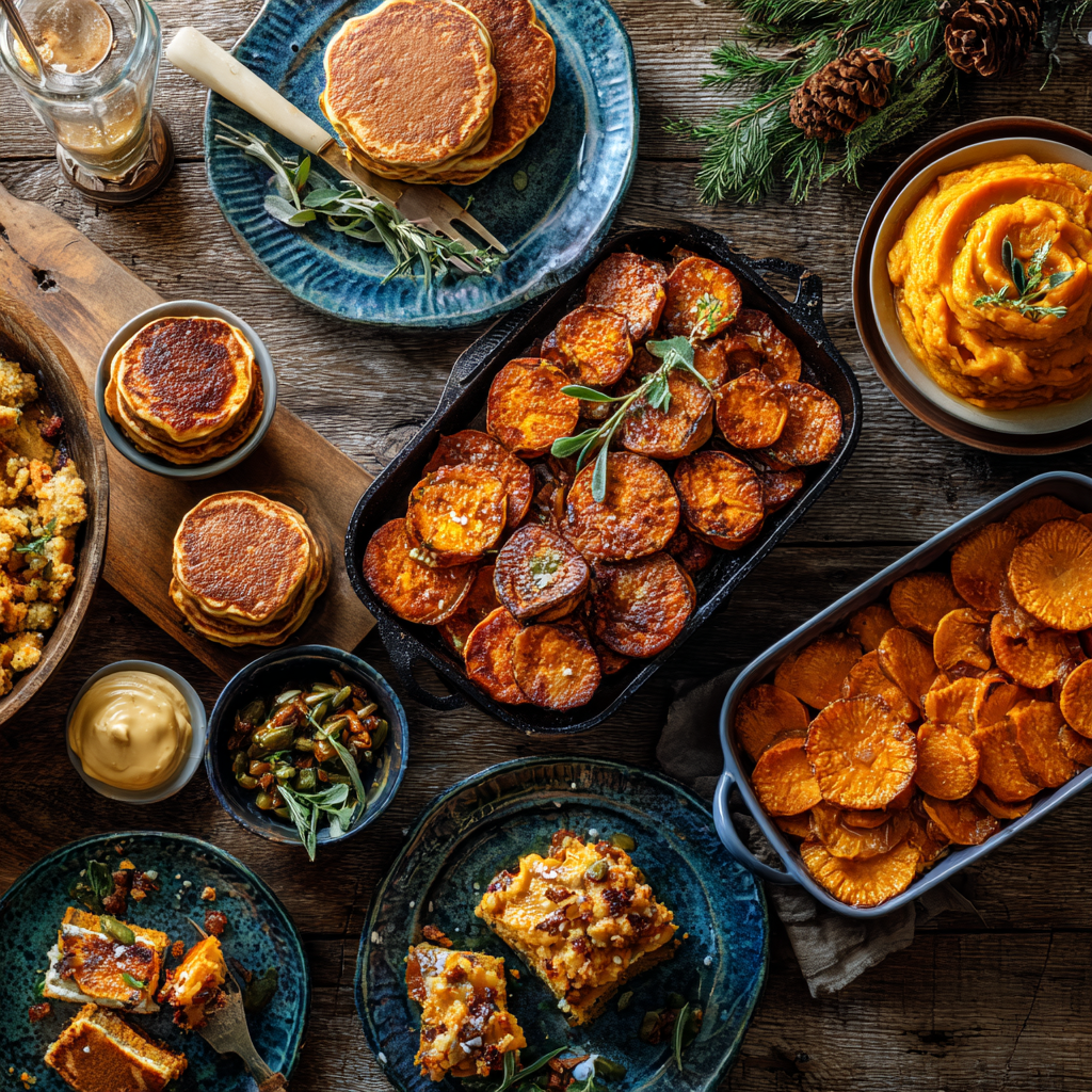 Assortment of sweet potato recipes displayed on a rustic table