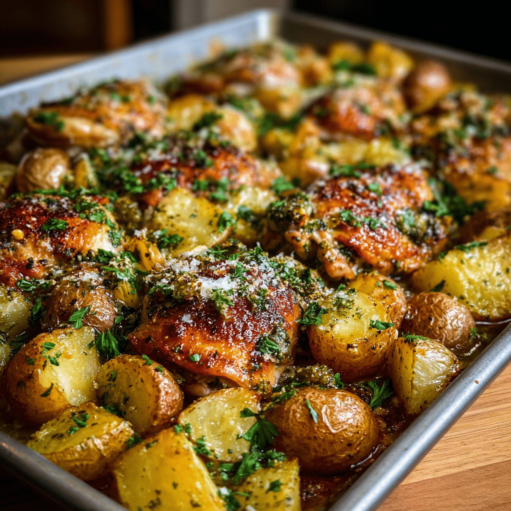 Garlic parmesan chicken and potatoes one pan recipe.