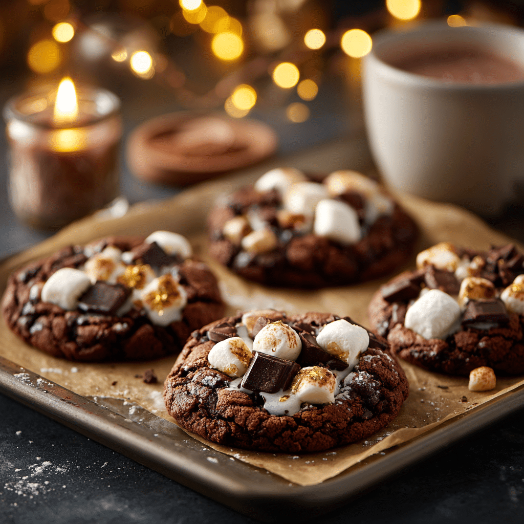Hot cocoa cookies topped with melted marshmallows and chocolate chunks