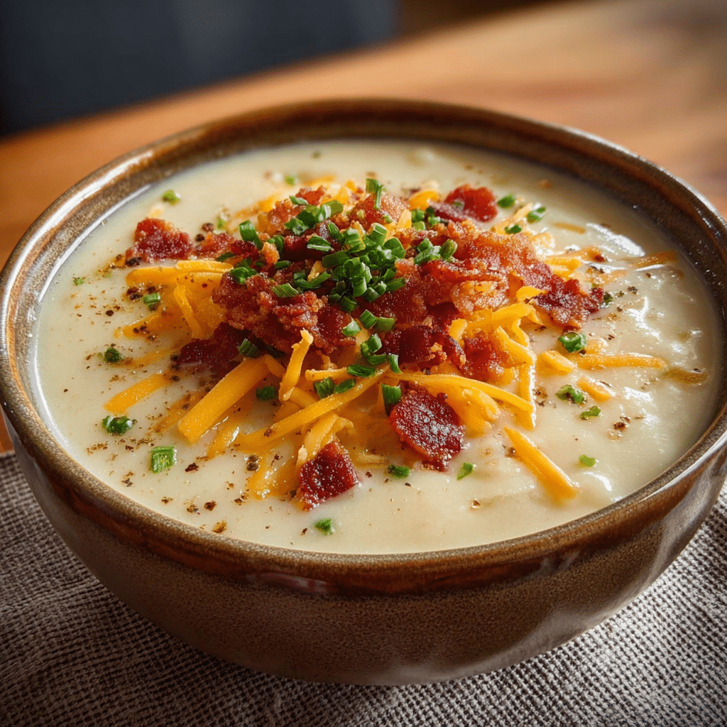 Loaded potato soup topped with bacon — classic winter comfort food