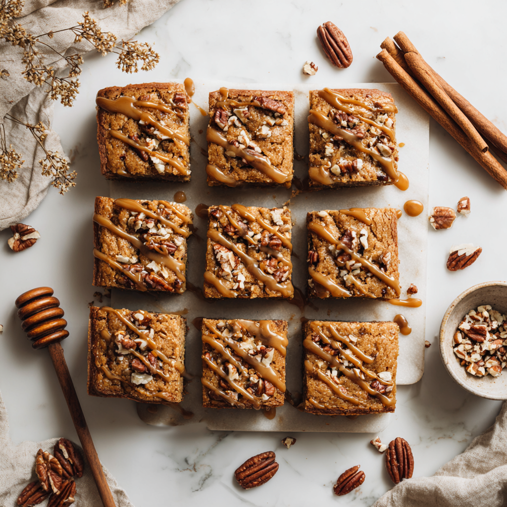 Maple pecan blondies cut into squares with chopped pecans sprinkled on top.