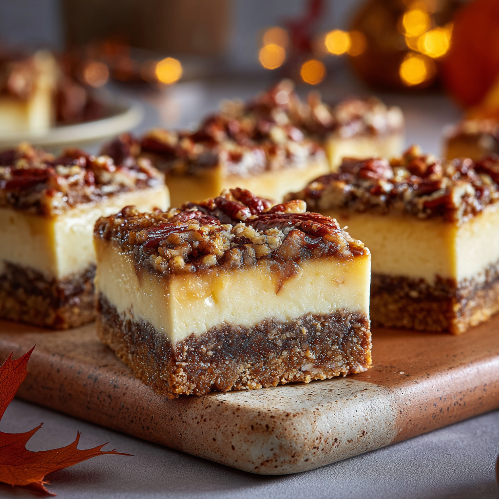 Layered pecan pie cheesecake bars with pecan topping on a serving board.