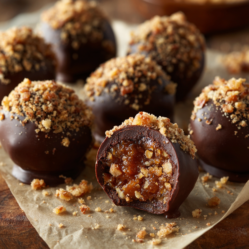 Chocolate-dipped pecan pie truffles with one truffle cut open to show filling.