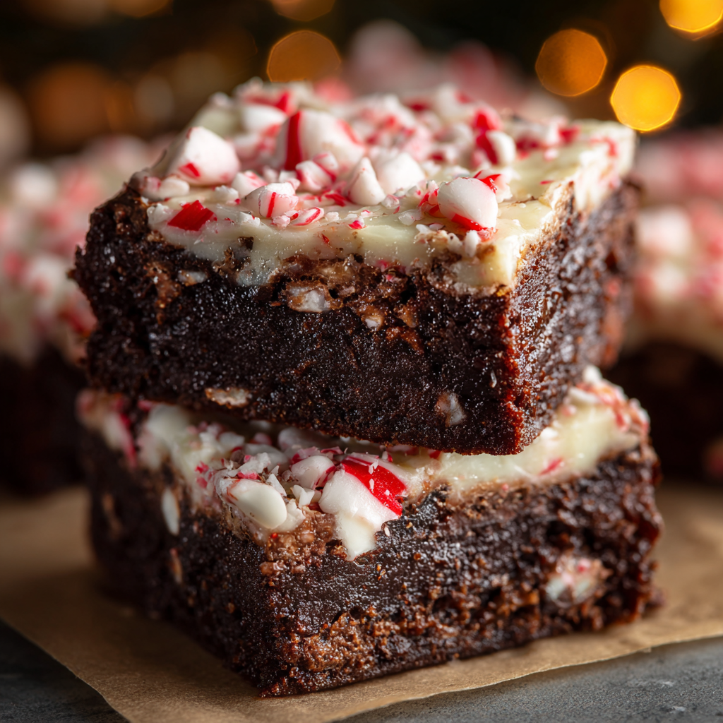 Peppermint bark brownies with peppermint topping