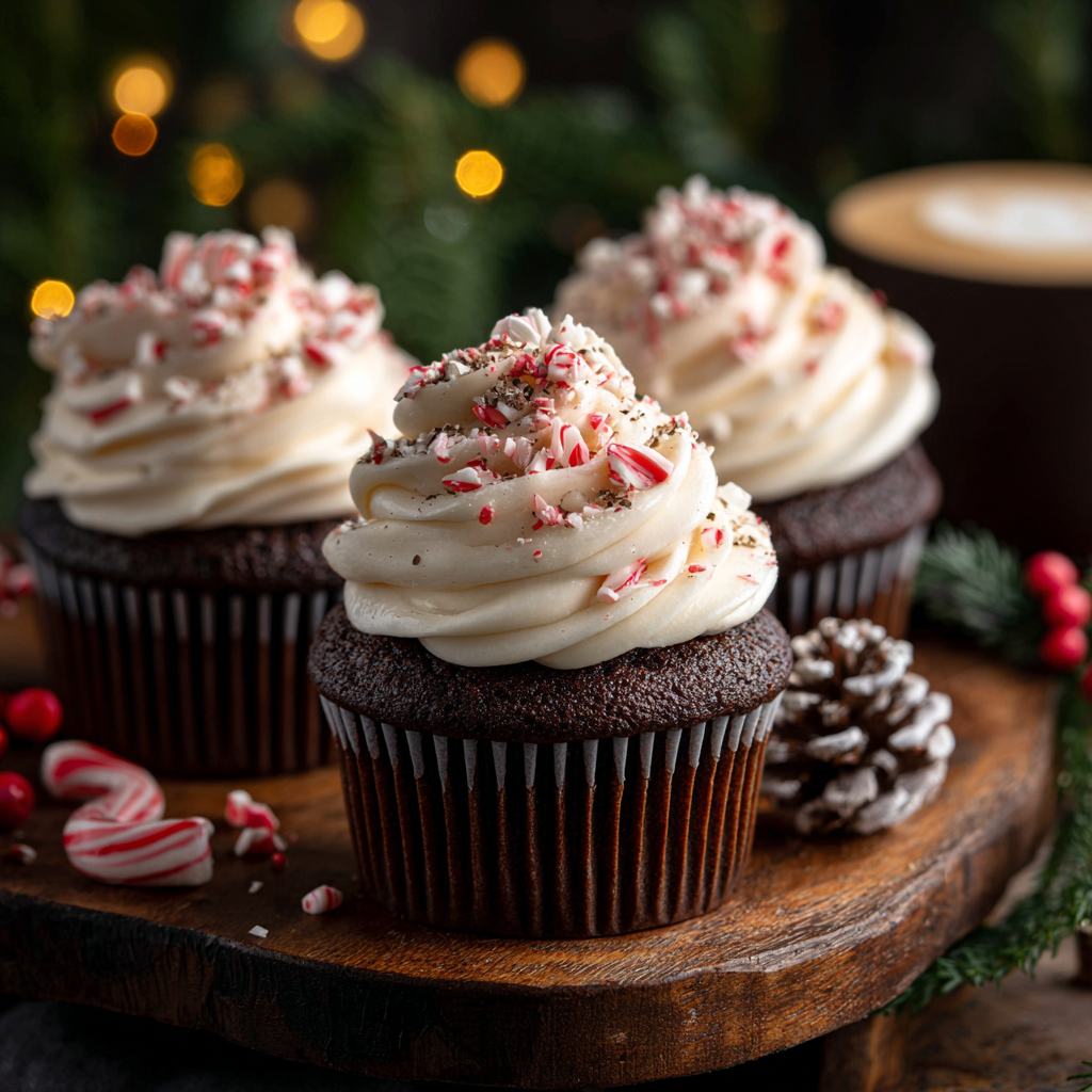 Peppermint mocha cupcakes topped with crushed candy cane