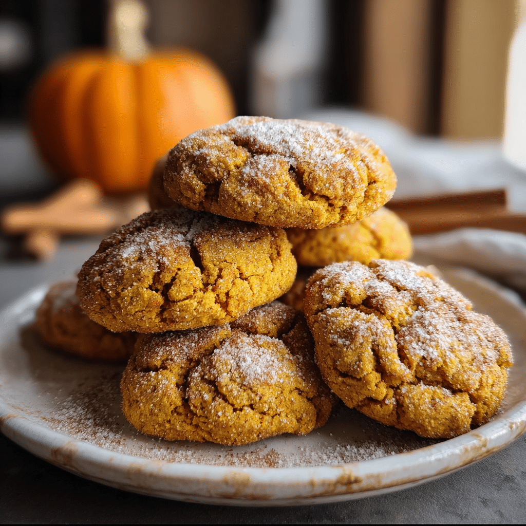 Soft pumpkin cookies stacked on a ceramic plate with cinnamon sugar