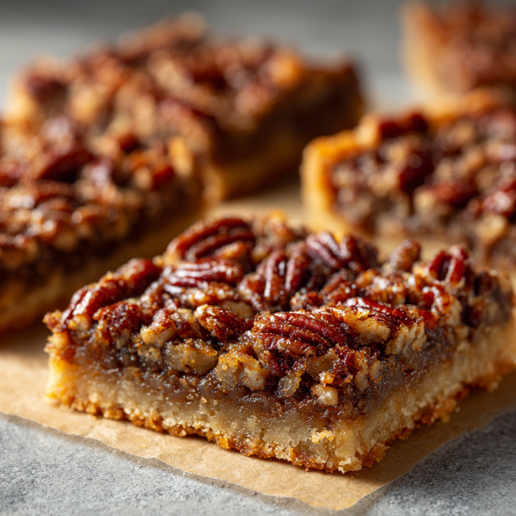 Simple pecan pie bars cooling on parchment with toasted pecans on top.