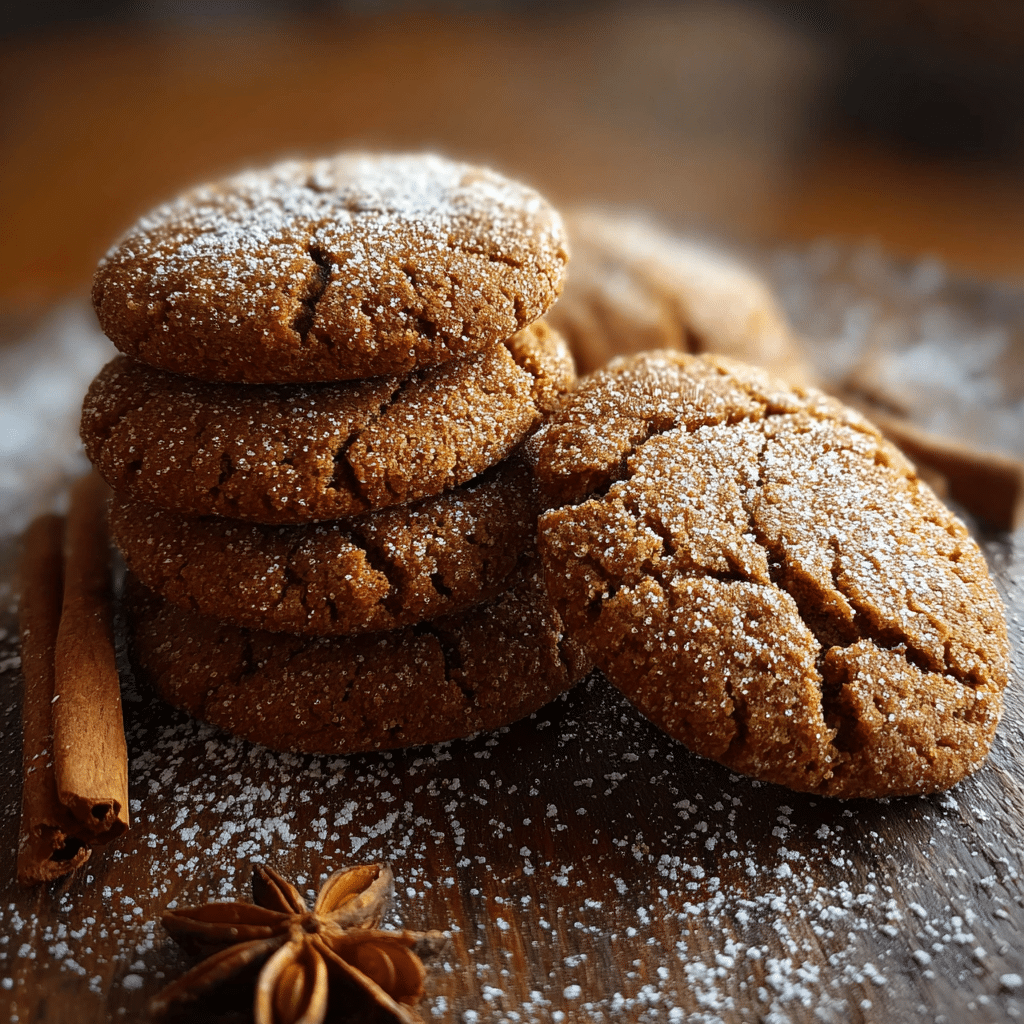 Soft gingerbread cookies stacked with powdered sugar and holiday spices